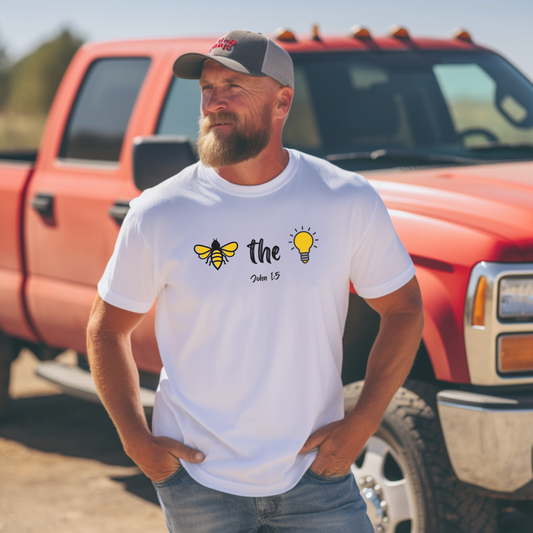 "Bee the Light" Jesus Shirt – Scripture T-Shirt for Men and Women Light and Cheerful Bee & Light Bulb Tee, Inspirational Gift, Summer Fashion, Nature Lover Shirt, Fun Daily Wear, Versatile Casual Top