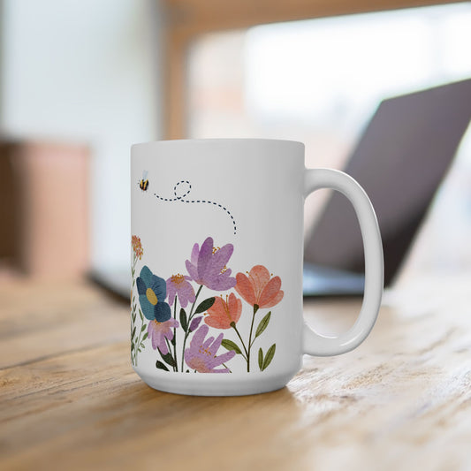 Wildflower mug, Bee mug, Watercolor blooms mug, Artistic flower mug,  Floral watercolor print, Pastel flower mug, Whimsical flower mug