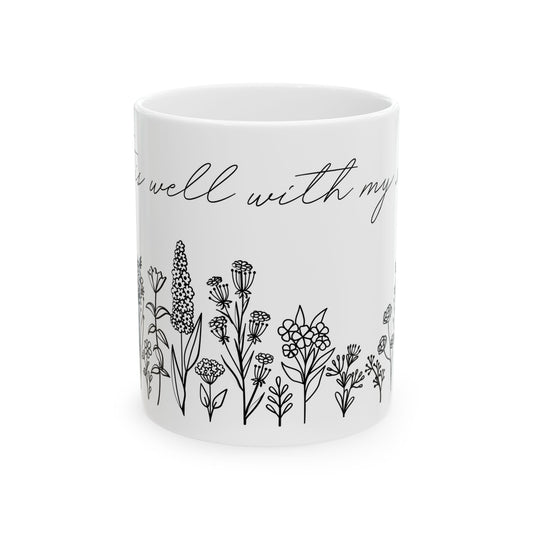 Mug with Line Art Flowers and 'It is Well with My Soul' Text